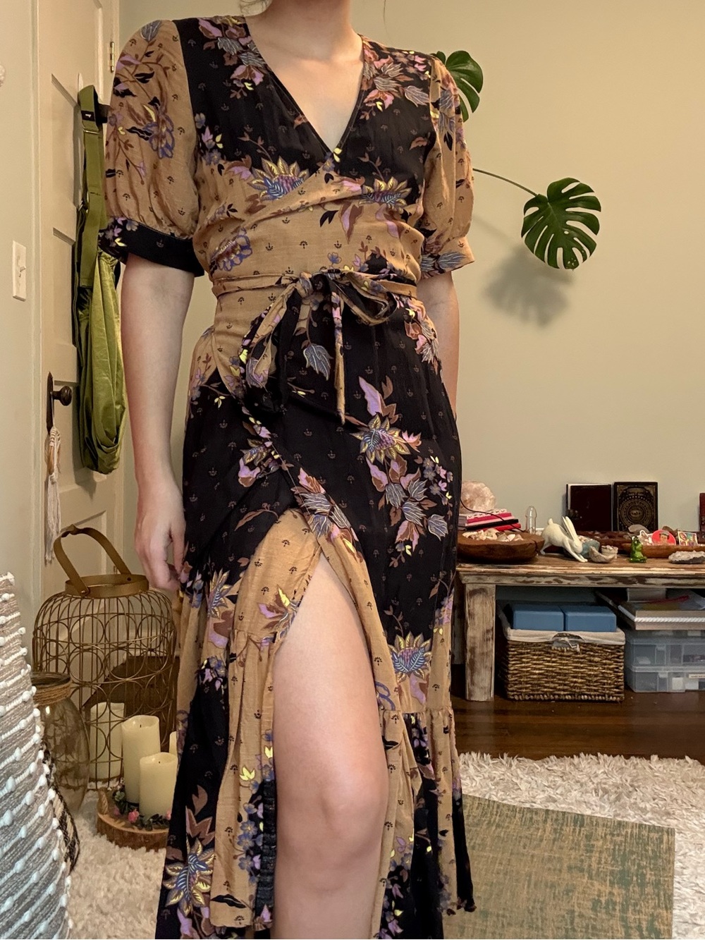 Scotch & Soda Brown and Black Floral Wrap High-Low Dress
